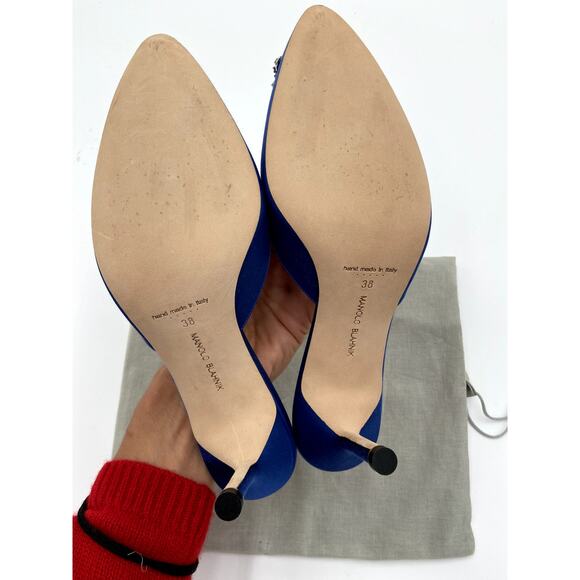 Manolo Blahnik Blue Satin Jewel Buckle Mules size 38 - Picture 11 of 13